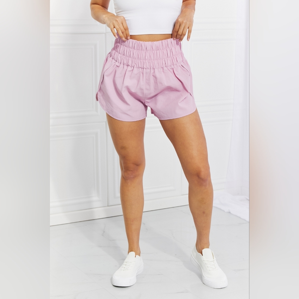 NEW Zenana Cross Country Smocked Waist Running Shorts in Pink